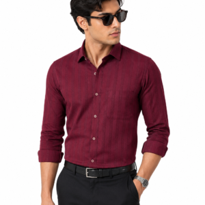 Divine Blue Men Slim Fit Self Design, Solid Spread Collar Maroon Formal Shirt