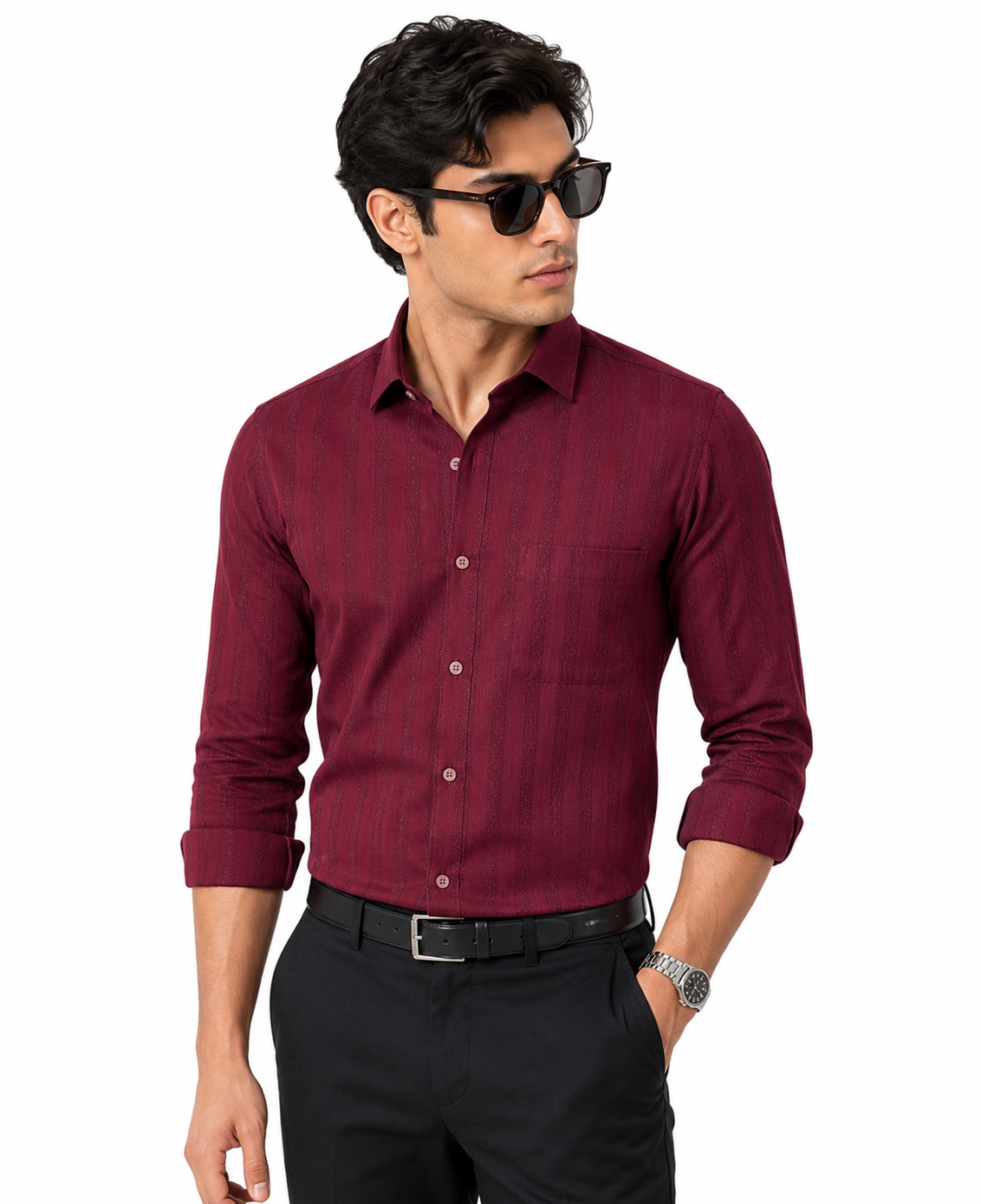 Divine Blue Men Slim Fit Self Design, Solid Spread Collar Maroon Formal Shirt