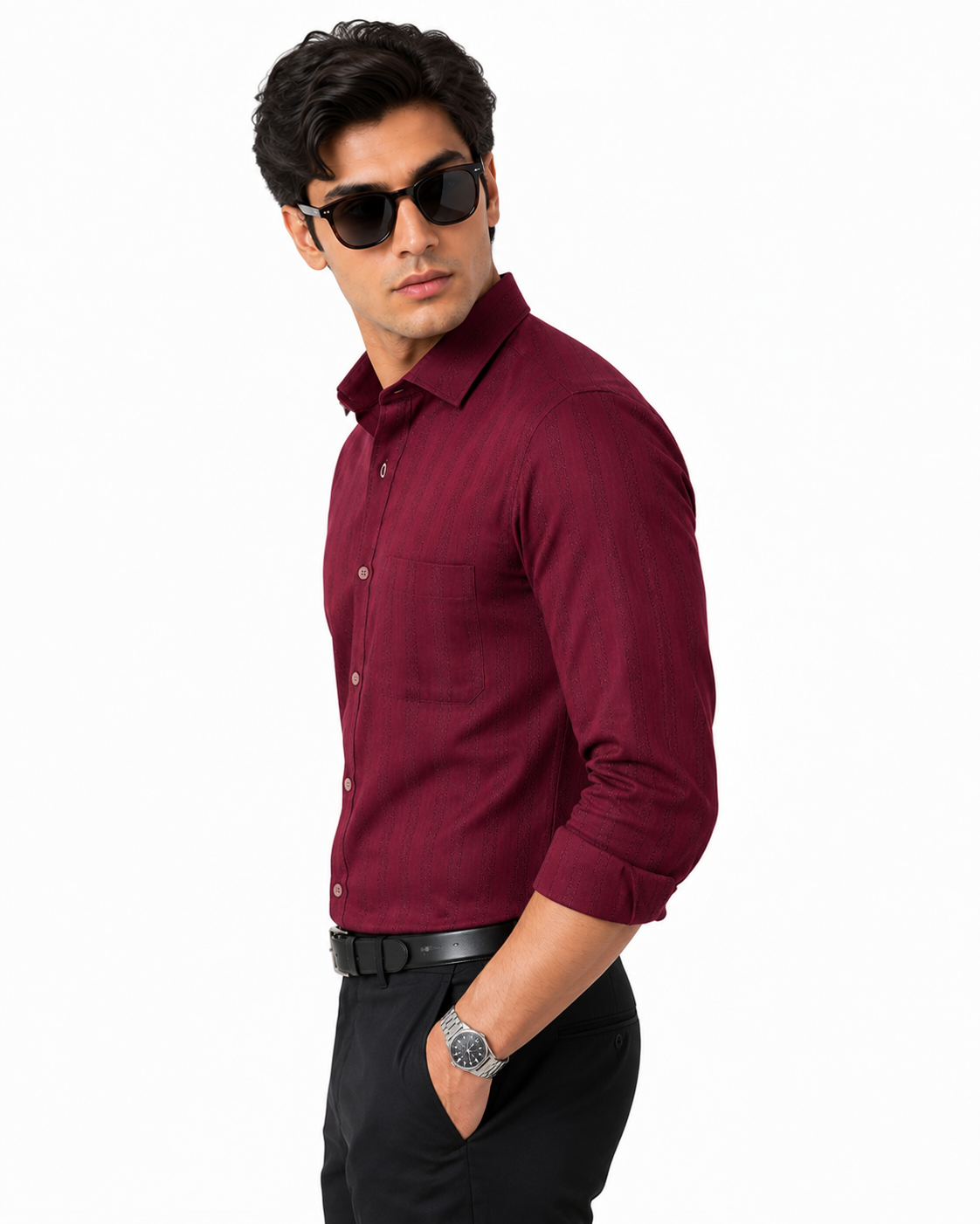 Divine Blue Men Slim Fit Self Design, Solid Spread Collar Maroon Formal Shirt - Image 2