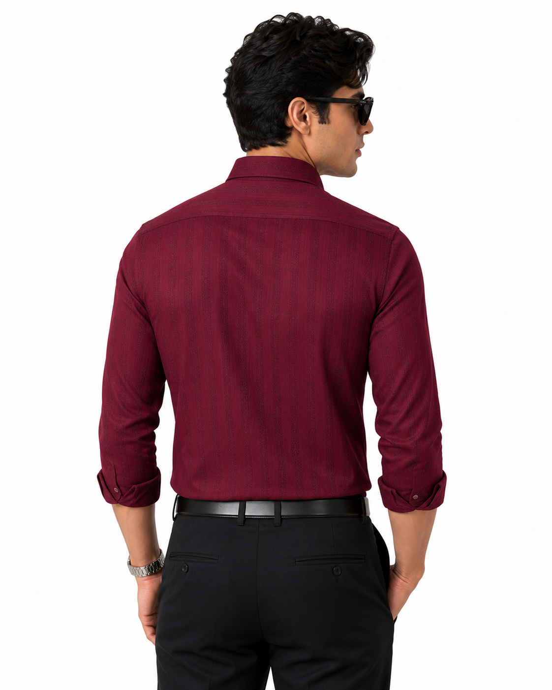 Divine Blue Men Slim Fit Self Design, Solid Spread Collar Maroon Formal Shirt - Image 3