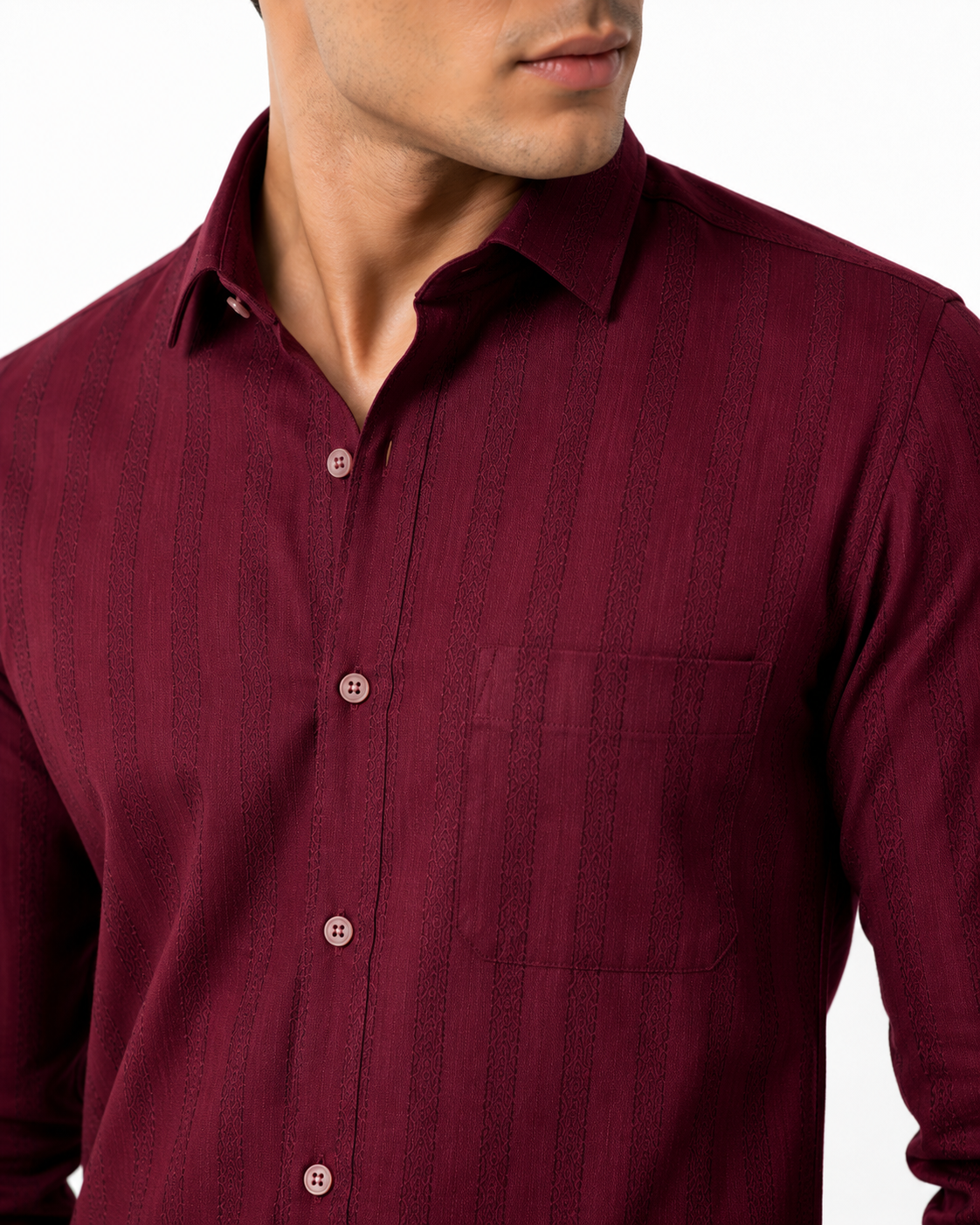 Divine Blue Men Slim Fit Self Design, Solid Spread Collar Maroon Formal Shirt - Image 4