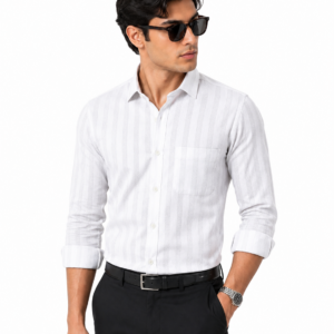 Divine Blue Men Slim Fit Self Design, Solid Spread Collar White Formal Shirt